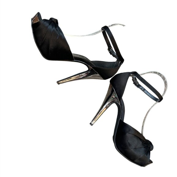 COSMOPOLITAN Womens Black Satin Ankle Strap Peep Toe 5" Heels 7.5 Chic - Picture 7 of 8